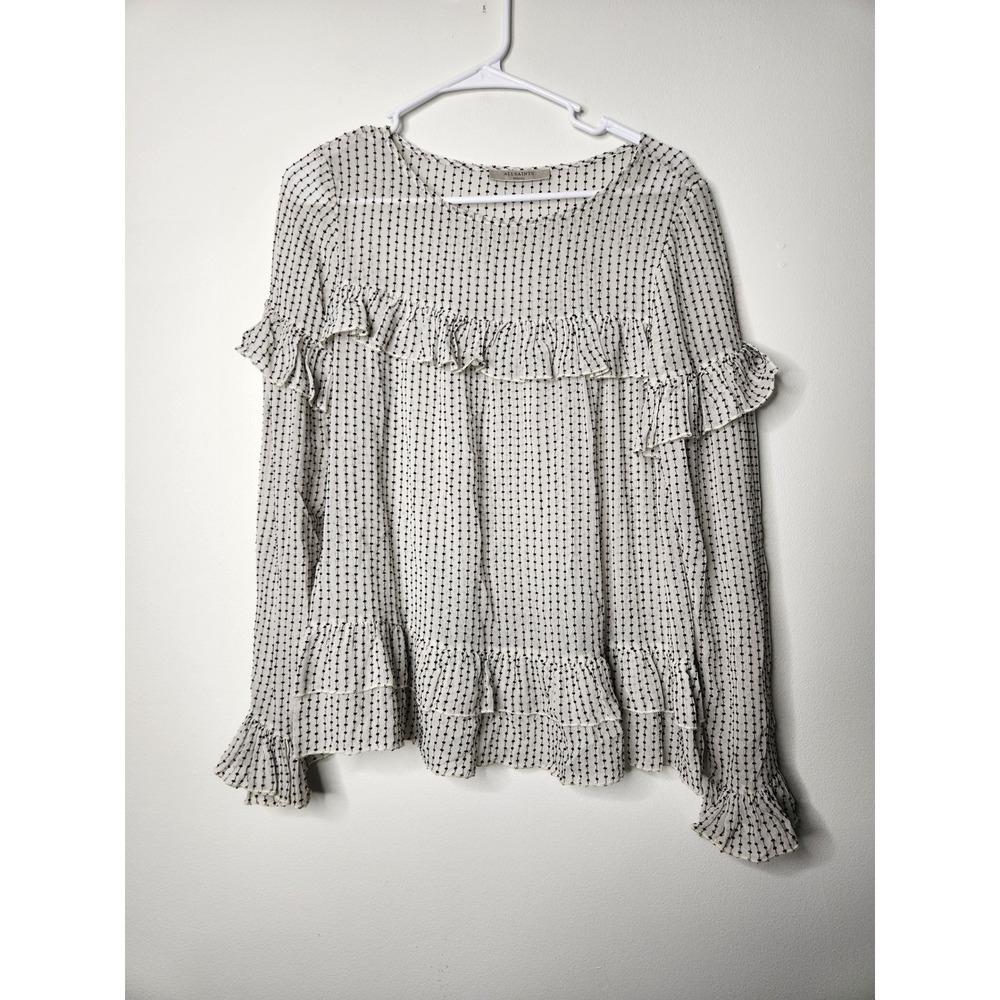 AllSaints Evia Embroidered Ruffle Trim Long Sleeve Top Small‎ - Picture 2 of 7